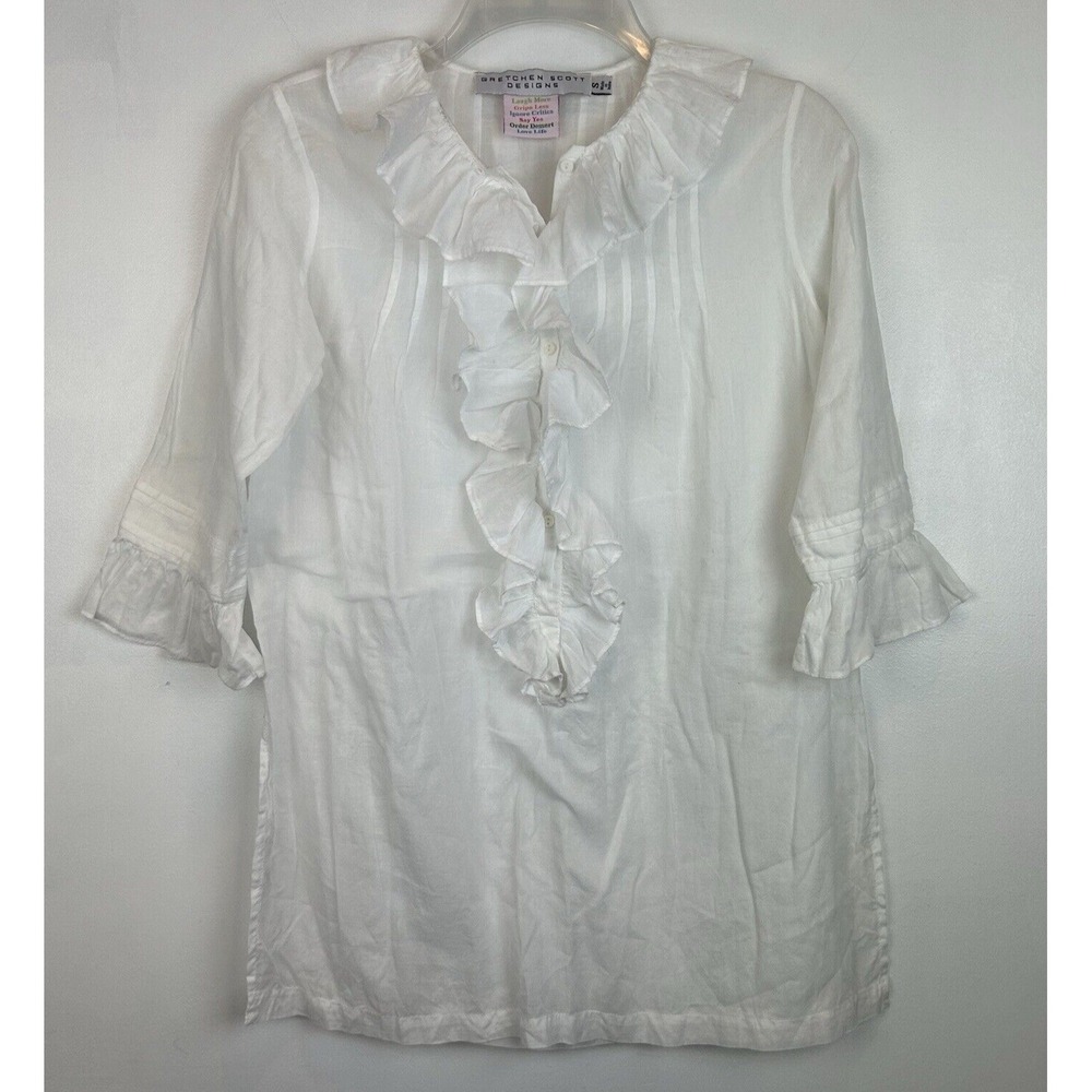 Gretchen Scott Top Womans S Blouse White Ruffneck Ruffle 3/4 Sleeve Button